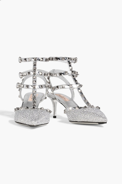 Valentino Garavani Rockstud Crystal-Embellished Mirrored-Leather Pumps Silver Women's