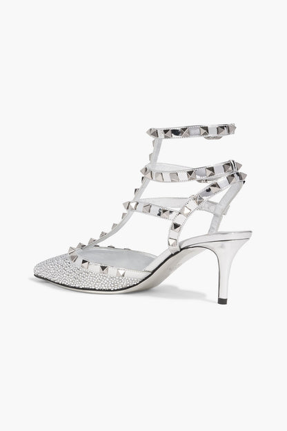 Valentino Garavani Rockstud Crystal-Embellished Mirrored-Leather Pumps Silver Women's