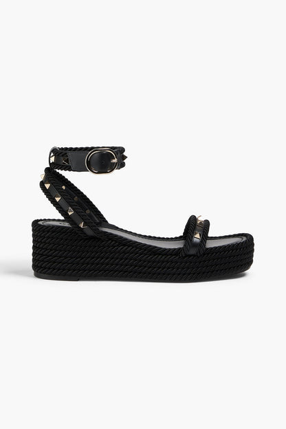 Valentino Garavani Rockstud Leather And Cord Platform Sandals Black Women's