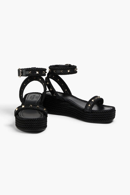 Valentino Garavani Rockstud Leather And Cord Platform Sandals Black Women's