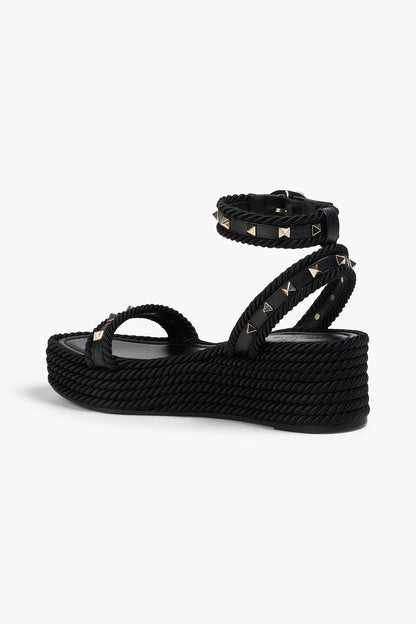 Valentino Garavani Rockstud Leather And Cord Platform Sandals Black Women's