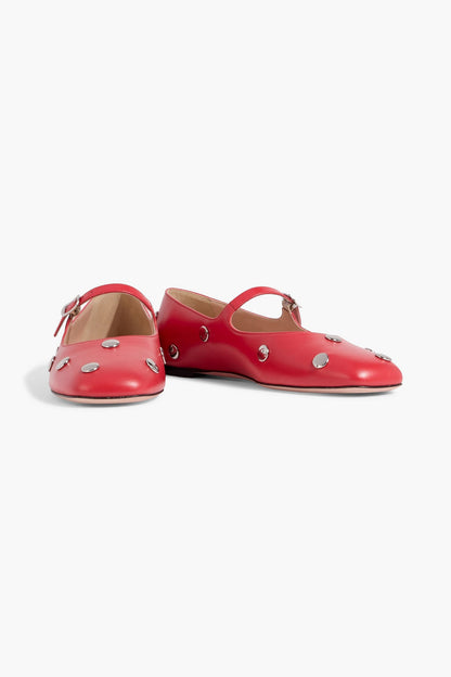 Bally Belkys Studded Leather Mary Jane Flats Red Women's