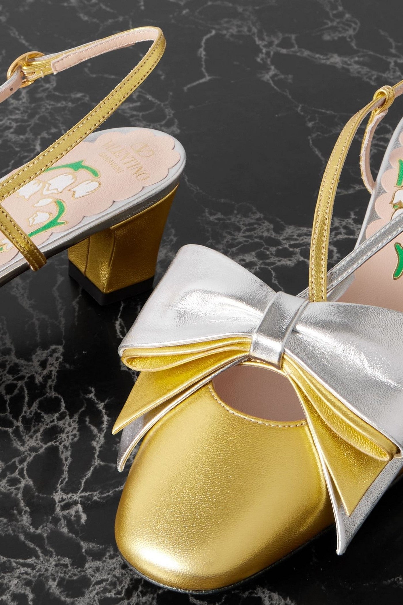 Valentino Garavani Bowbow Two-Tone Metallic Leather Pumps Gold Women's