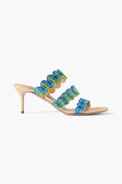 Aquazzura Wavy 65 Metallic Leather Mules Turquoise Women's