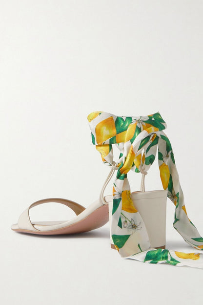 Aquazzura Twilly 50 Printed Silk Twill-Trimmed Leather Sandals White Women's