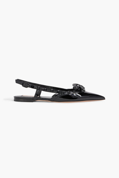 Valentino Garavani Rockstud Bow Patent-Leather Slingback Point-Toe Flats Black Women's