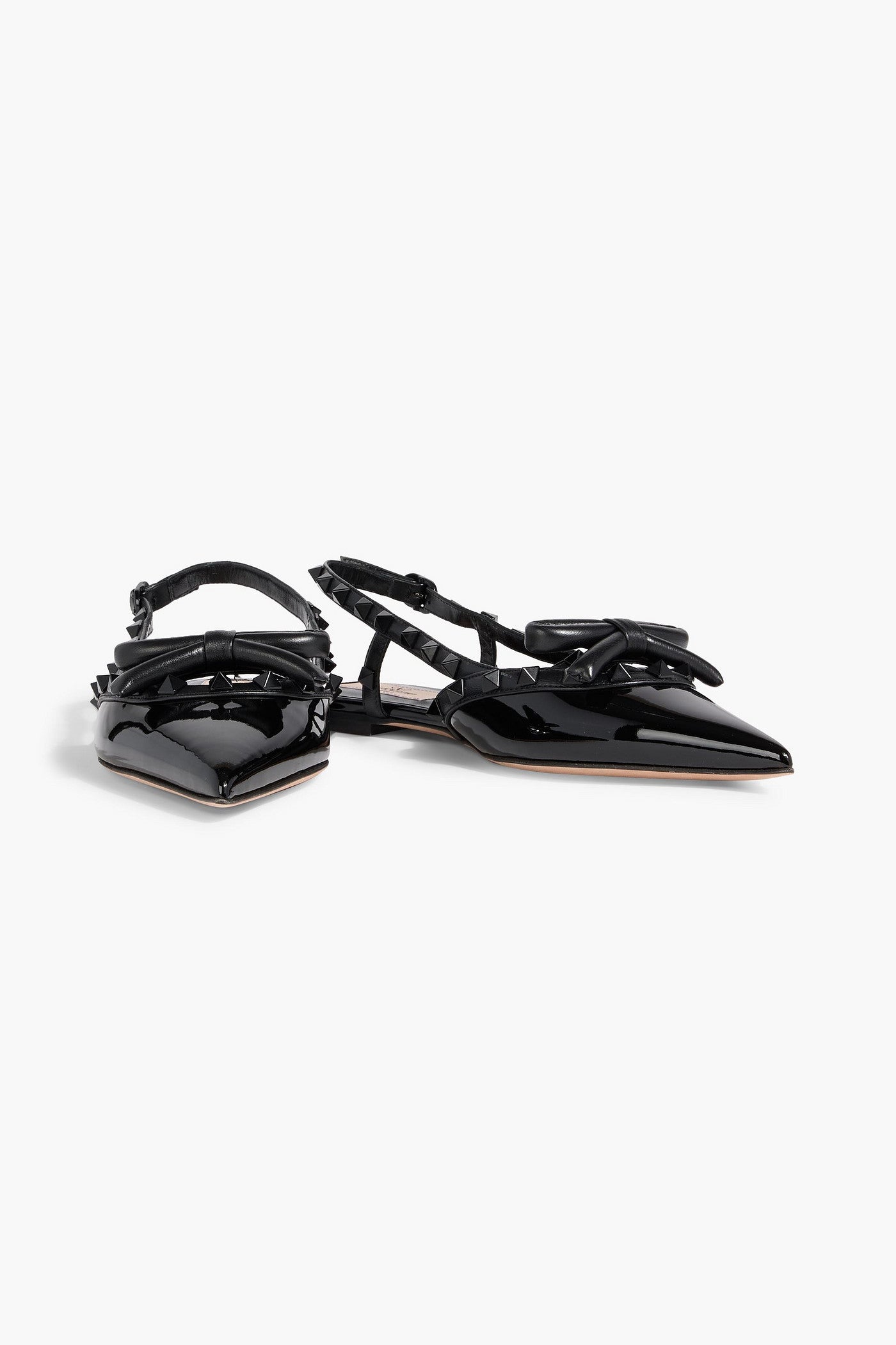 Valentino Garavani Rockstud Bow Patent-Leather Slingback Point-Toe Flats Black Women's