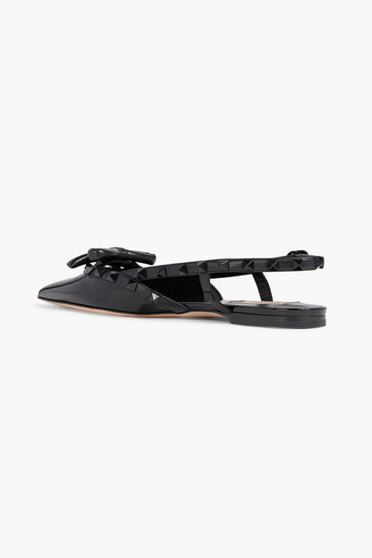 Valentino Garavani Rockstud Bow Patent-Leather Slingback Point-Toe Flats Black Women's