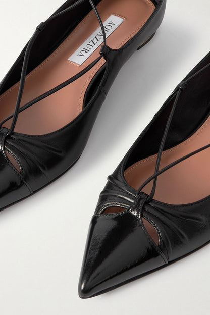 Aquazzura Gabi Lace-Up Glossed-Leather Point-Toe Flats Black Women's