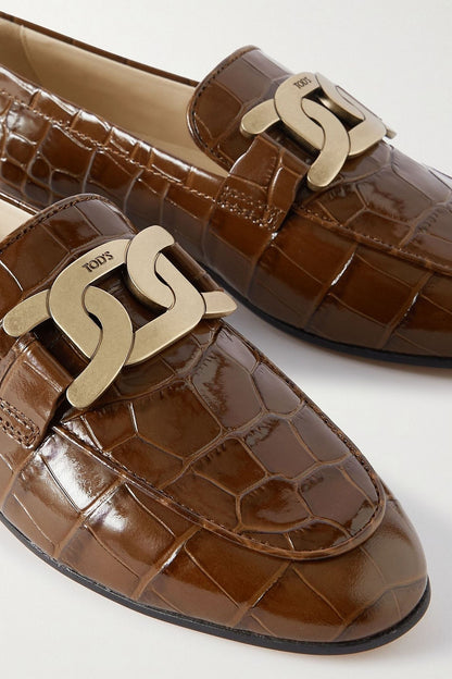 Tod's Kate Embellished Croc-Effect Leather Loafers Brown Women's