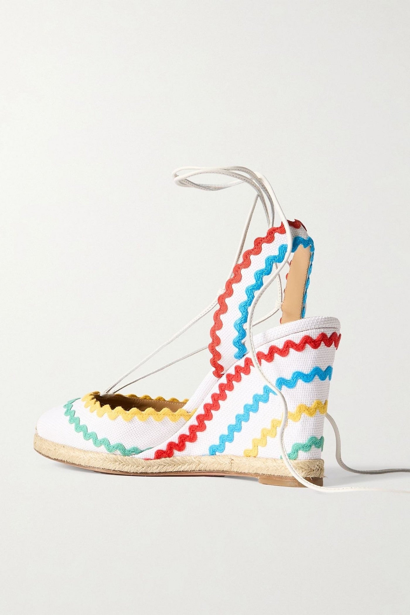 Aquazzura Ric Rac 85 Leather-Trimmed Raffia Wedge Espadrilles White Women's