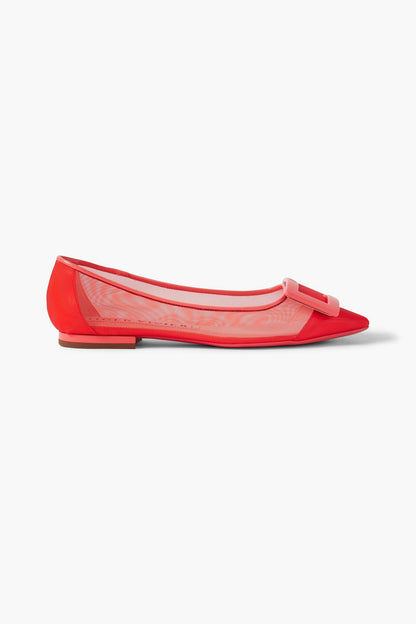 Roger Vivier Gommettine Buckled Patent Leather-Trimmed Mesh Ballet Flats Coral Women's