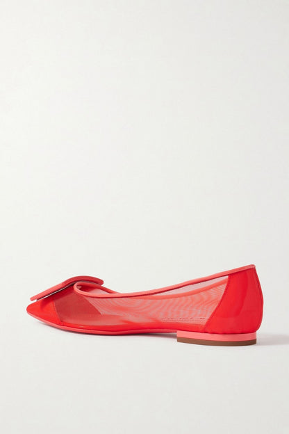 Roger Vivier Gommettine Buckled Patent Leather-Trimmed Mesh Ballet Flats Coral Women's