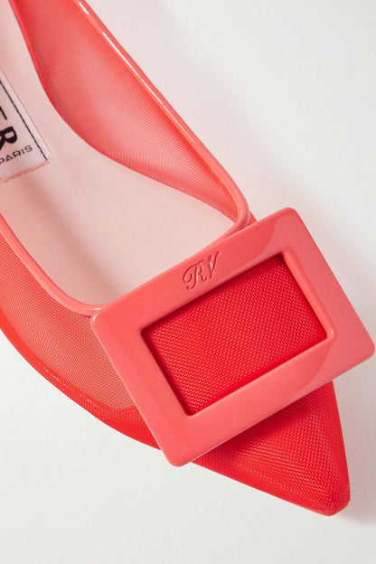 Roger Vivier Gommettine Buckled Patent Leather-Trimmed Mesh Ballet Flats Coral Women's