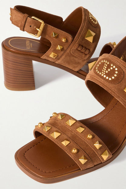 Valentino Garavani Plaster Caster 60 Studded Suede Slingback Sandals Tan Women's