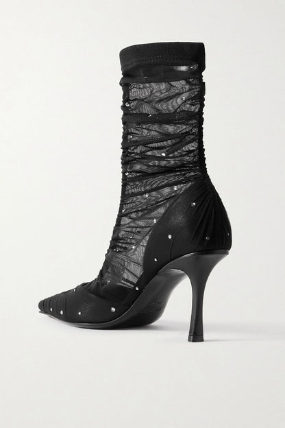 Jimmy Choo Lotta Ab 85 Crystal-Embellished Tulle And Satin Sock Boots Black Women's