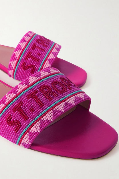 Aquazzura St. Tropez Beaded Leather Slides Fuchsia Women's