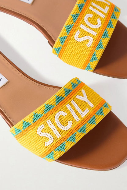 Aquazzura Sicily Beaded Leather Slides Yellow Women's