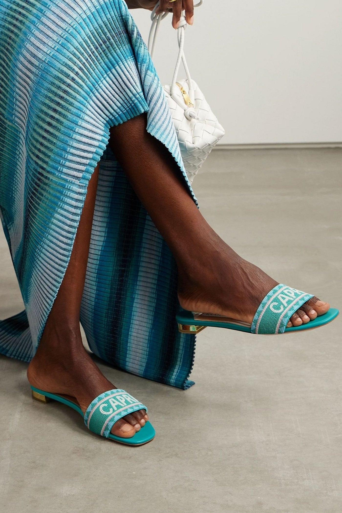 Aquazzura Capri Beaded Leather Slides Turquoise Women's