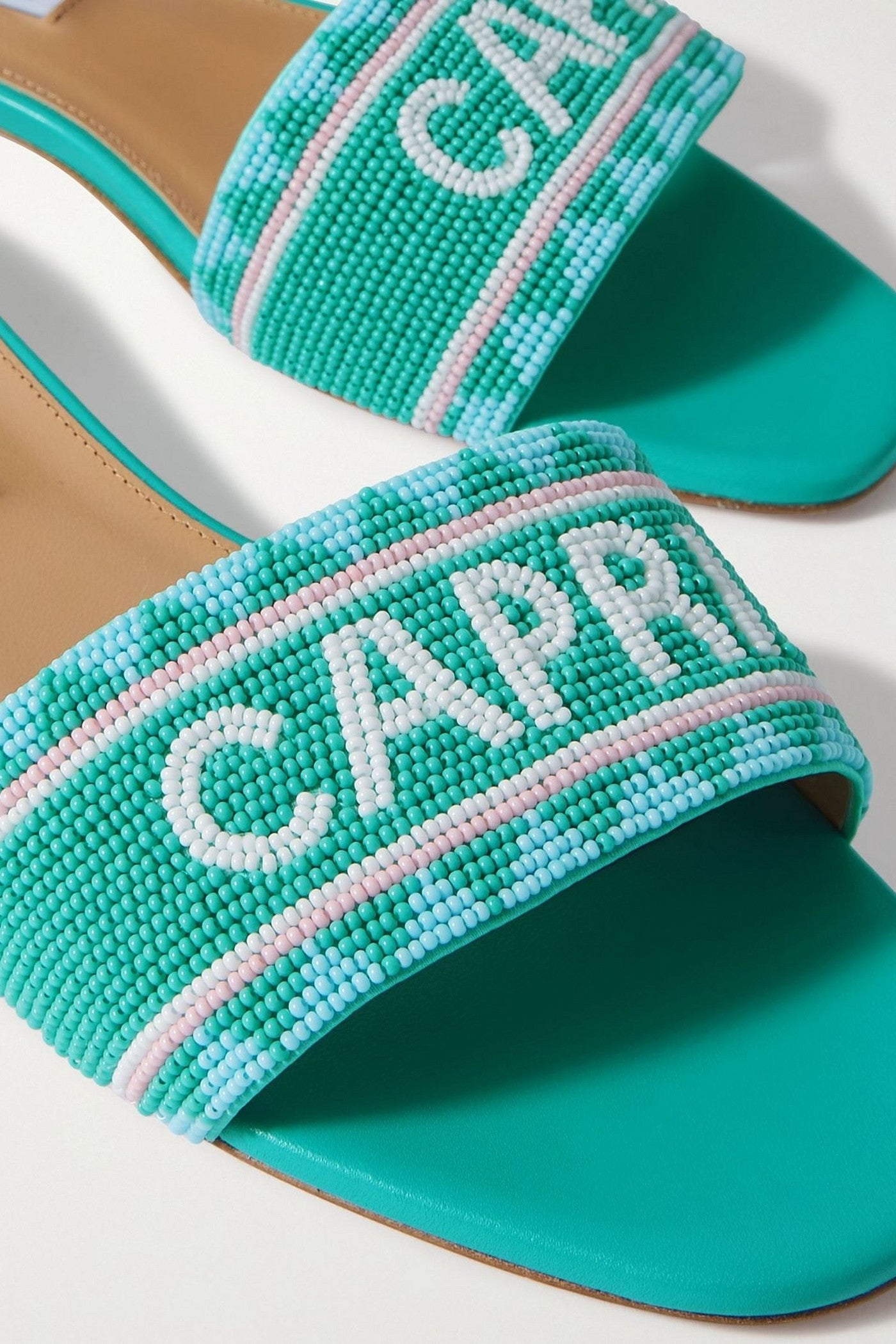Aquazzura Capri Beaded Leather Slides Turquoise Women's