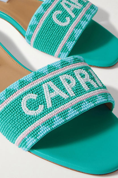 Aquazzura Capri Beaded Leather Slides Turquoise Women's