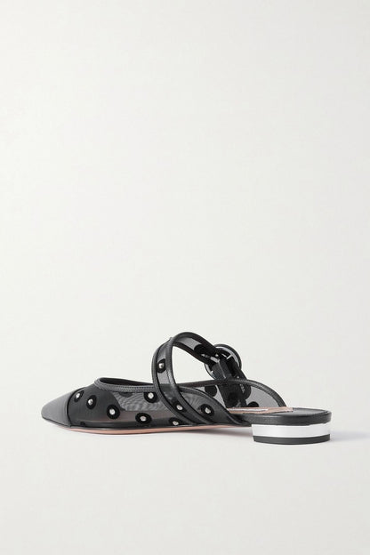 Aquazzura Darling Daisy Crystal-Embellished Flocked Polka-Dot Leather-Trimmed Mesh Mules Black Women's
