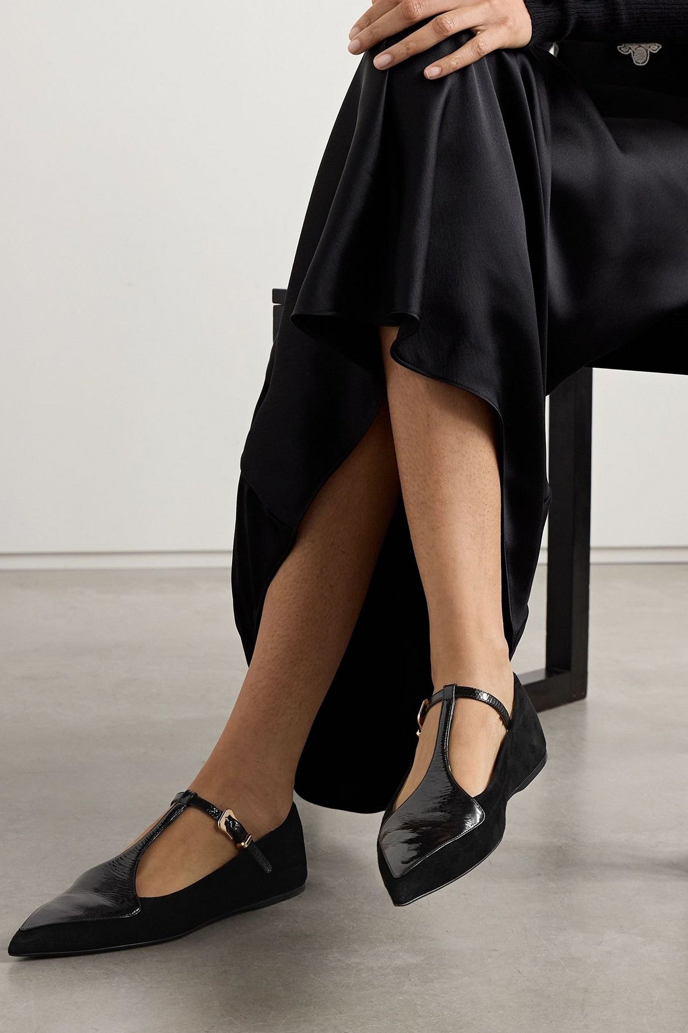 Gabriela Hearst Liv Patent Leather-Trimmed Suede Mary Jane Ballet Flats Black Women's