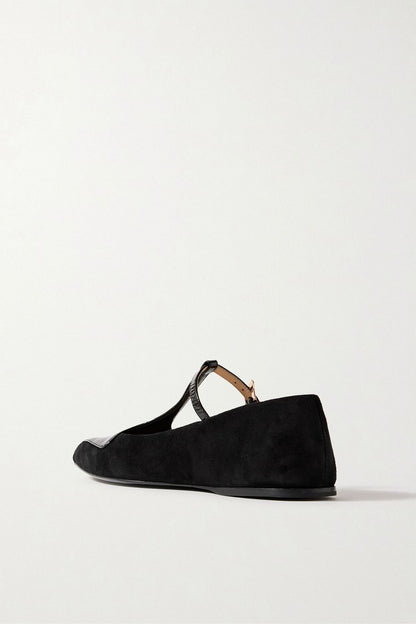 Gabriela Hearst Liv Patent Leather-Trimmed Suede Mary Jane Ballet Flats Black Women's
