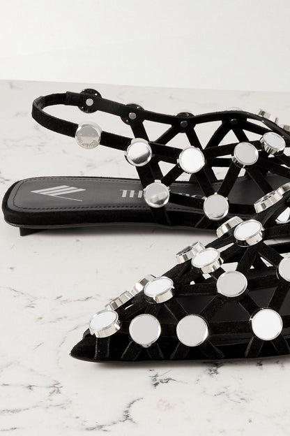 The Attico Grid Studded Suede Slingback Point-Toe Flats Black Women's