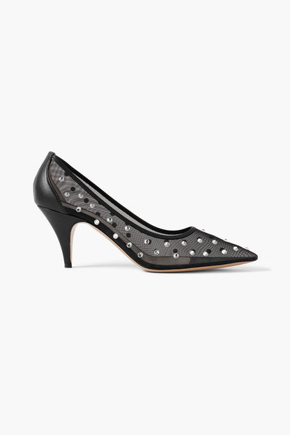 Khaite River Iconic Leather-Trimmed Crystal-Embellished Mesh Pumps Black Women's