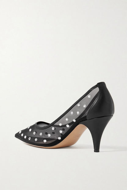 Khaite River Iconic Leather-Trimmed Crystal-Embellished Mesh Pumps Black Women's