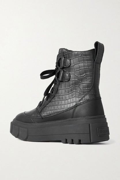 Sorel Caribou Smooth And Croc-Effect Leather Ankle Boots Black Women's