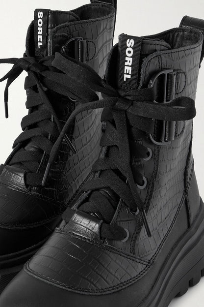 Sorel Caribou Smooth And Croc-Effect Leather Ankle Boots Black Women's