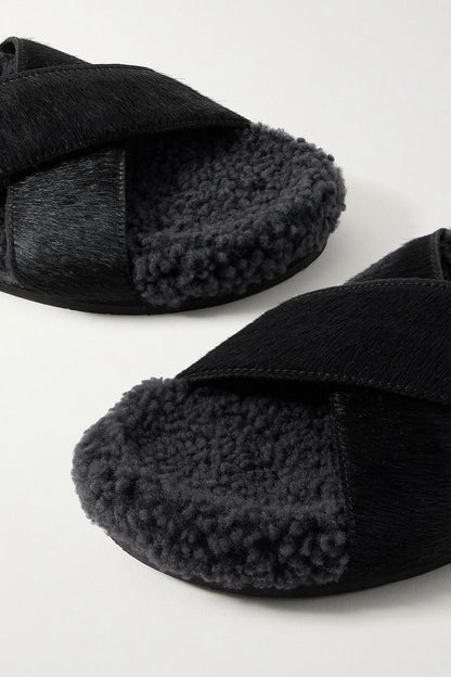 Ancient Greek Sandals Anilio Calf Hair And Shearling Slides Black Women's
