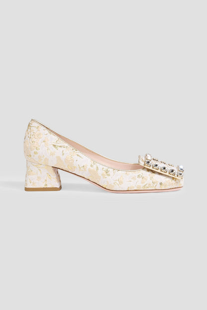 Roger Vivier Trs Strass Embellished Metallic Brocade Pumps Ivory Women's