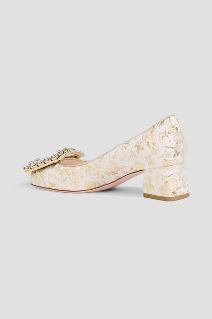 Roger Vivier Trs Strass Embellished Metallic Brocade Pumps Ivory Women's