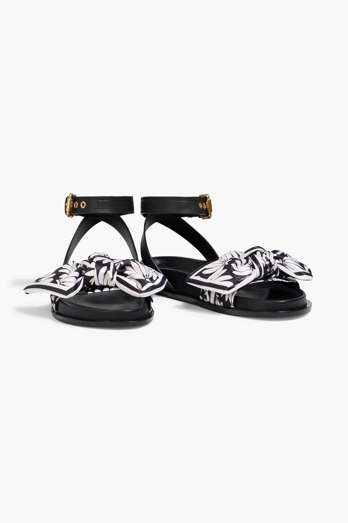 Farm Rio Bow-Detailed Printed Satin And Leather Sandals Black Women's