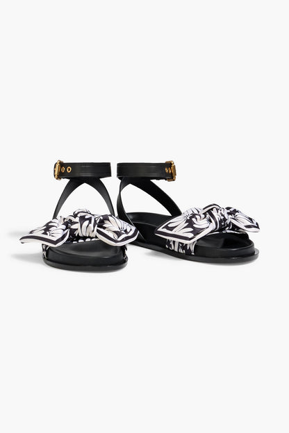 Farm Rio Bow-Detailed Printed Satin And Leather Sandals Black Women's