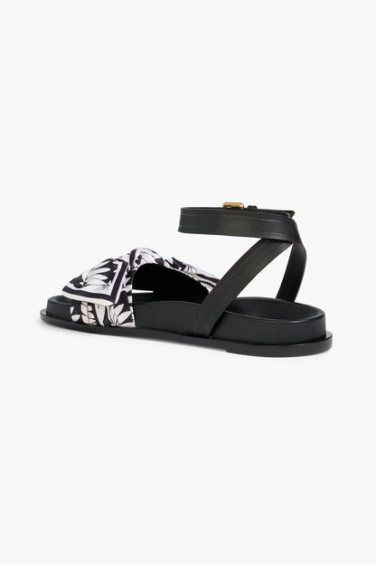 Farm Rio Bow-Detailed Printed Satin And Leather Sandals Black Women's