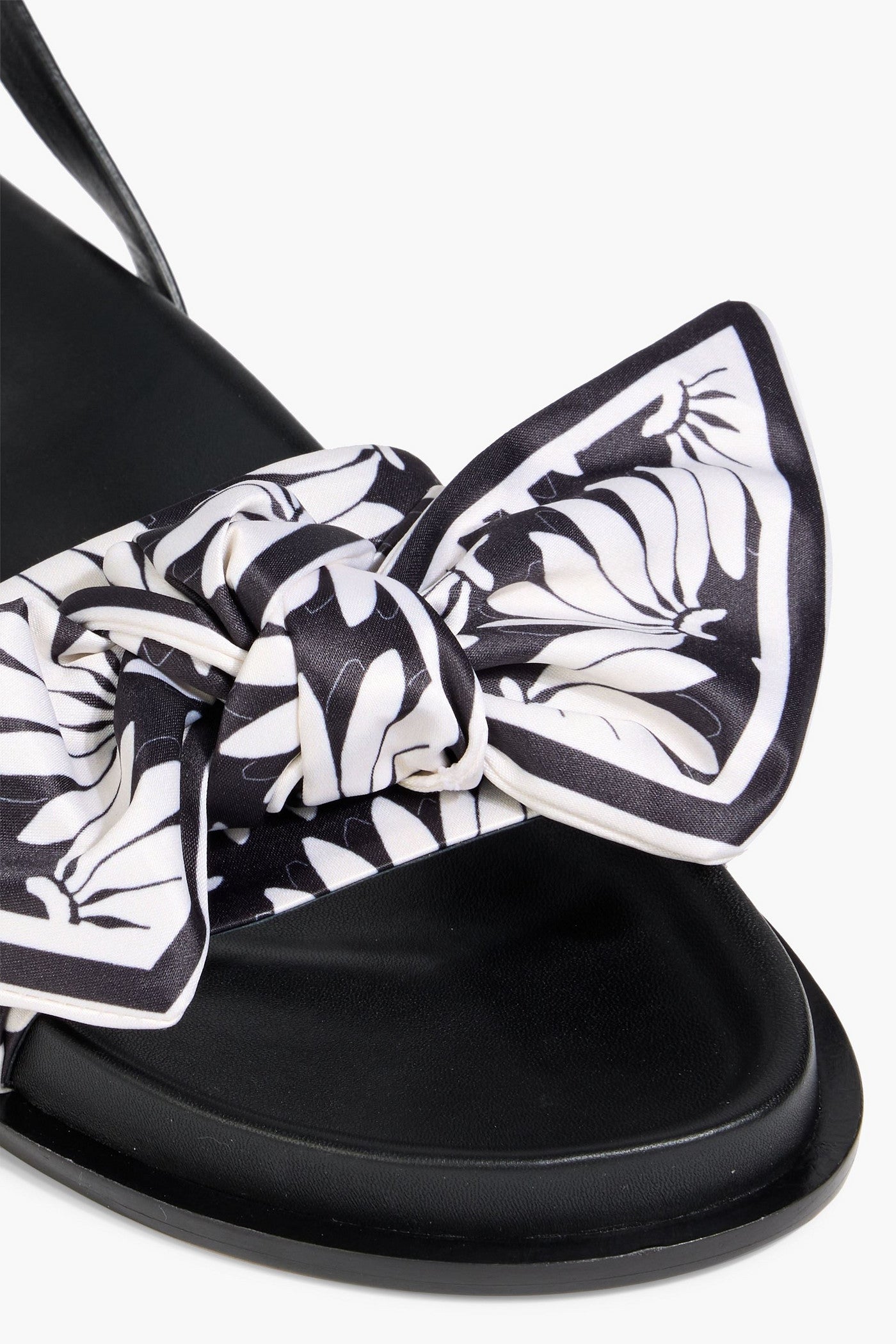 Farm Rio Bow-Detailed Printed Satin And Leather Sandals Black Women's