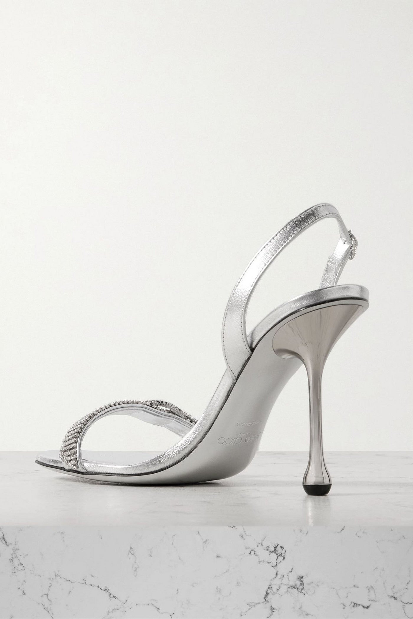 Jimmy Choo Tabatha 95 Crystal-Embellished Metallic Leather Slingback Sandals Silver Women's