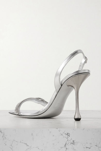 Jimmy Choo Tabatha 95 Crystal-Embellished Metallic Leather Slingback Sandals Silver Women's