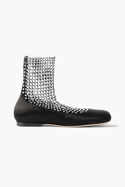 Rene' Caovilla Crystal-Embellished Mesh-Paneled Satin Ballet Flats Black Women's