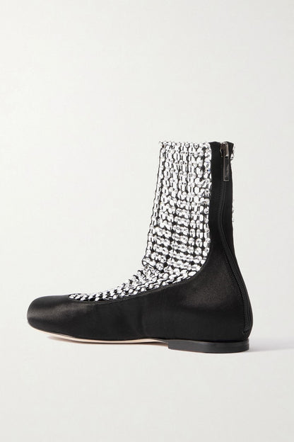 Rene' Caovilla Crystal-Embellished Mesh-Paneled Satin Ballet Flats Black Women's