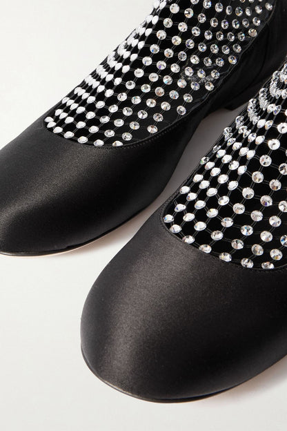 Rene' Caovilla Crystal-Embellished Mesh-Paneled Satin Ballet Flats Black Women's