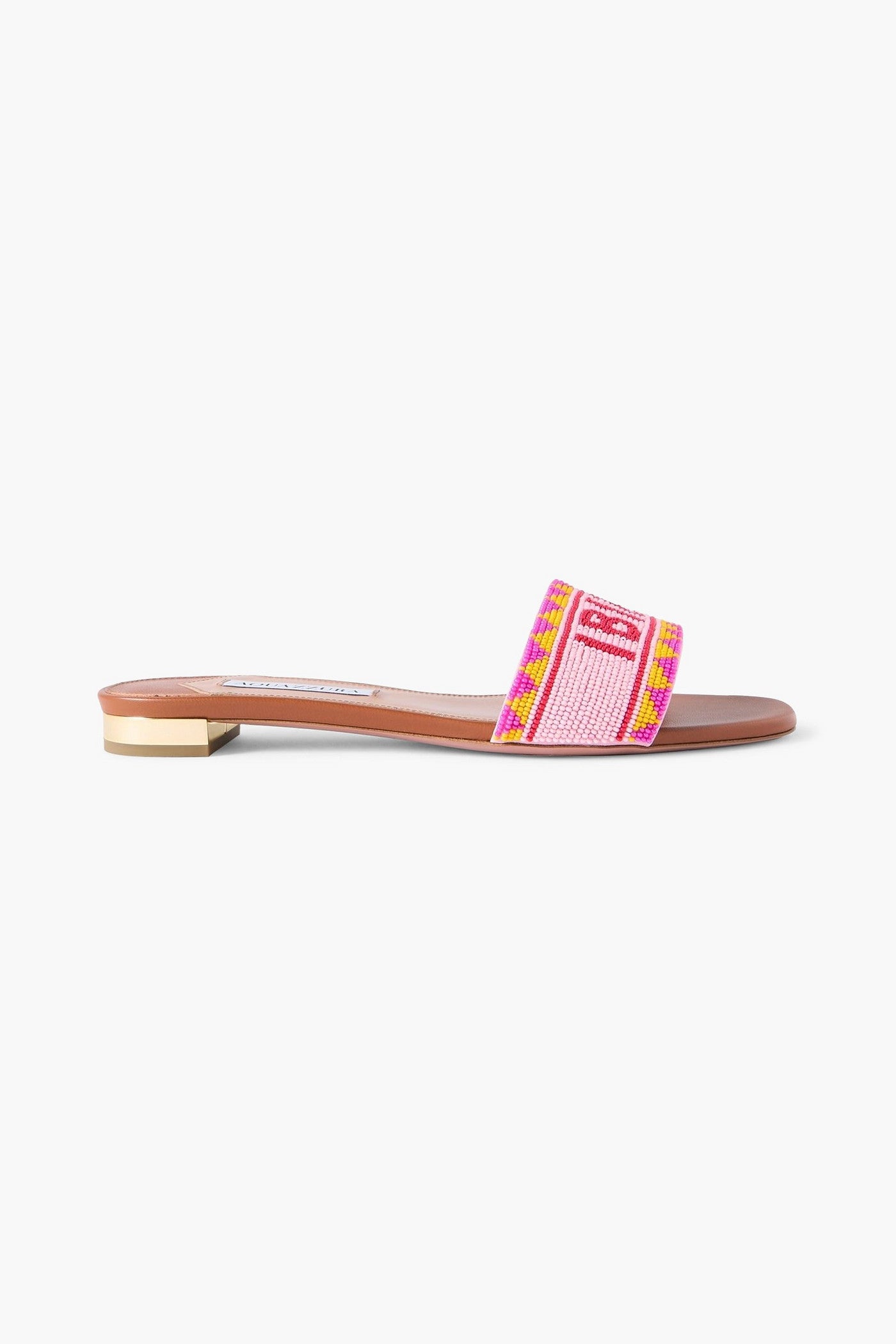 Aquazzura Ibiza Beaded Leather Slides Brown Women's