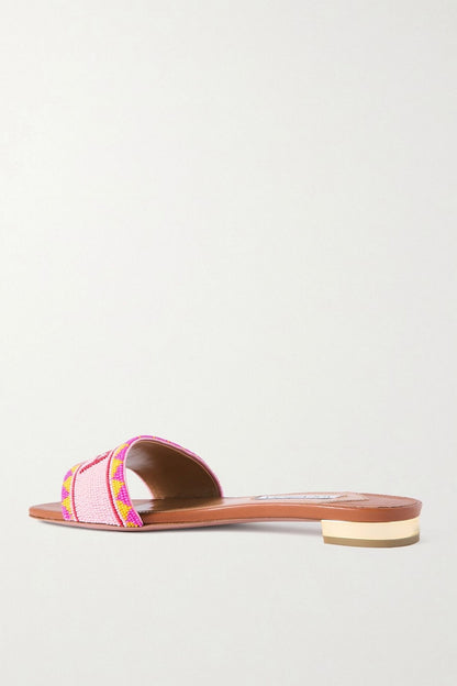 Aquazzura Ibiza Beaded Leather Slides Brown Women's
