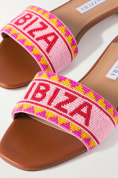 Aquazzura Ibiza Beaded Leather Slides Brown Women's
