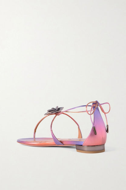 Aquazzura Orchid Crystal-Embellished Metallic Leather Sandals Violet Women's
