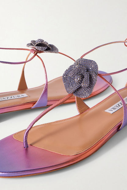 Aquazzura Orchid Crystal-Embellished Metallic Leather Sandals Violet Women's
